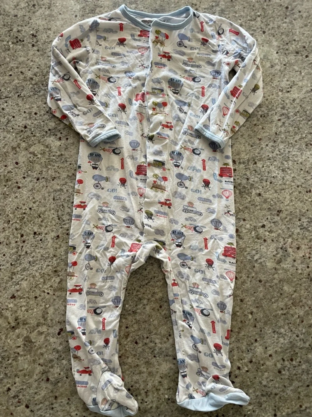 Magnetic Me Baby Footed One-Piece - Light Blue Travel Transportation Print
